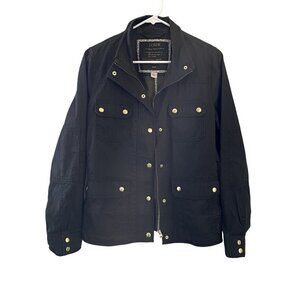 J.Crew green army jacket jean material dark green camo pockets button detail